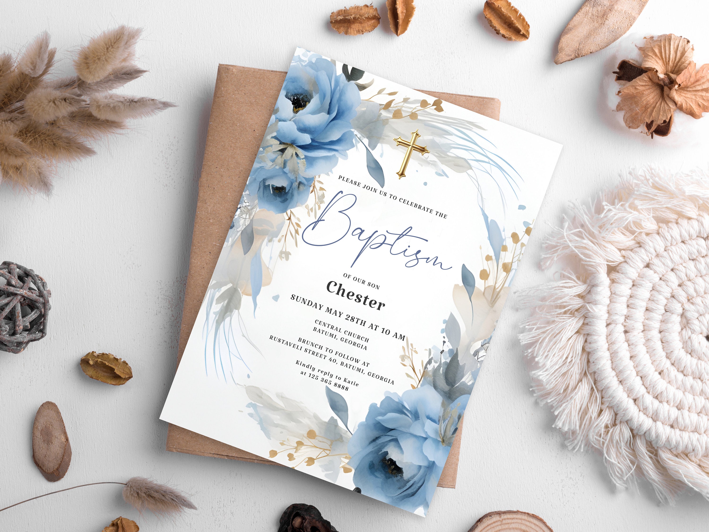 Baptism Invitation Template, Boy Baptism Invite, Baptism Editable ...