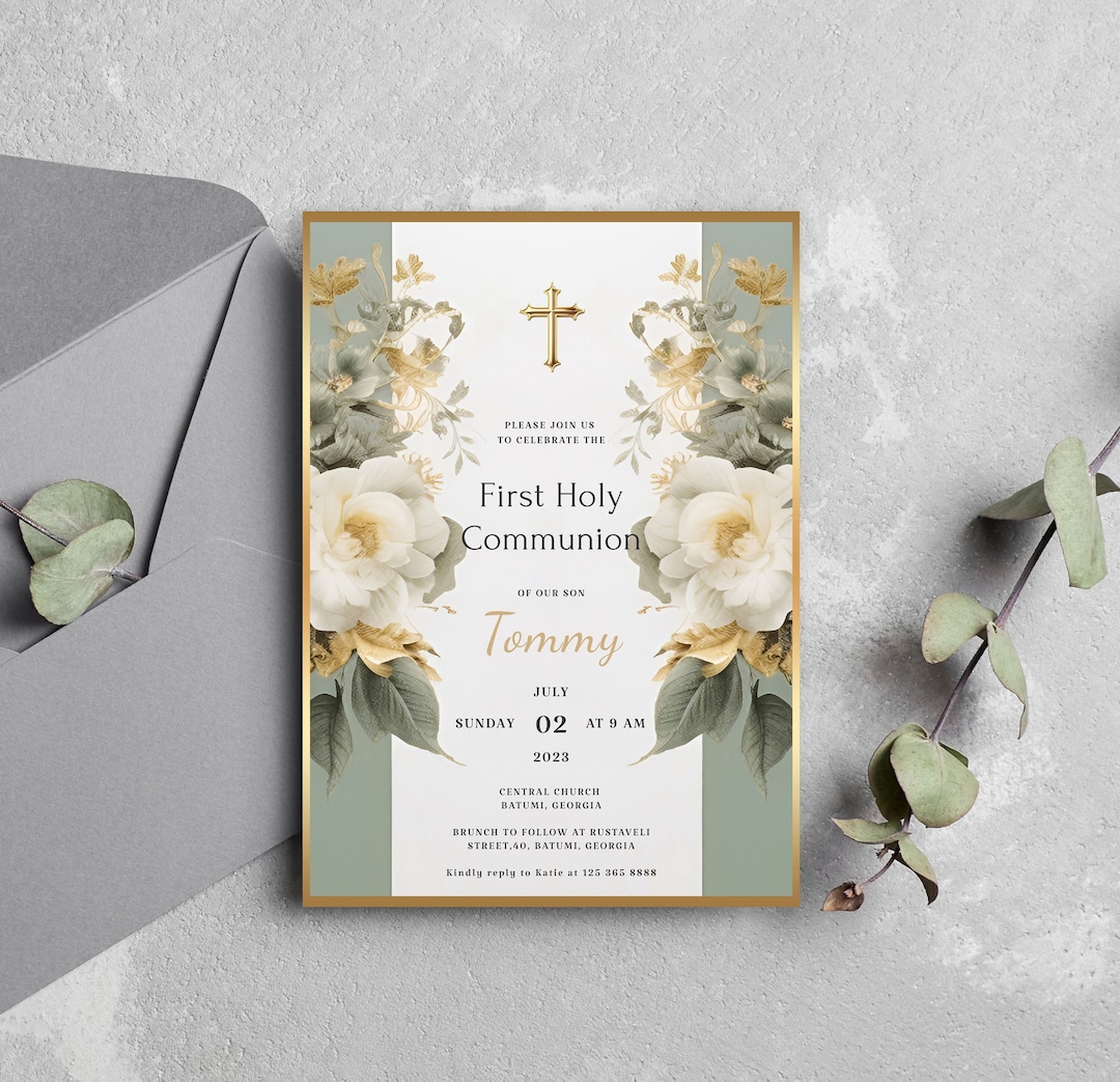 First Holy Communion Invitation Template, Green and Gold Communion Card