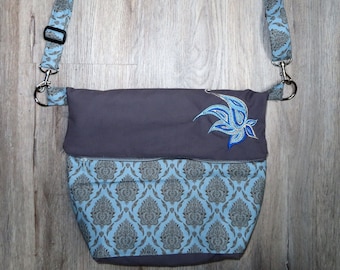 Handtasche / Umhängetasche Foldover Bestickt mit Blau / Silber Paisley Blume Baumwolle Weihnachtsgeschenk Unikat
