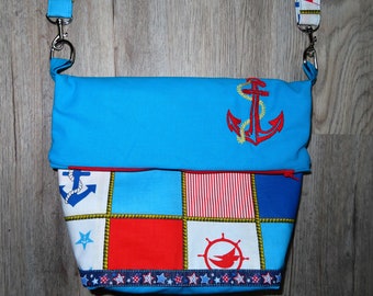 Handtasche / Umhängetasche Maritim Foldover Bestickt mit Anke Baumwolle Weihnachtsgeschenk Unikat Schiffe