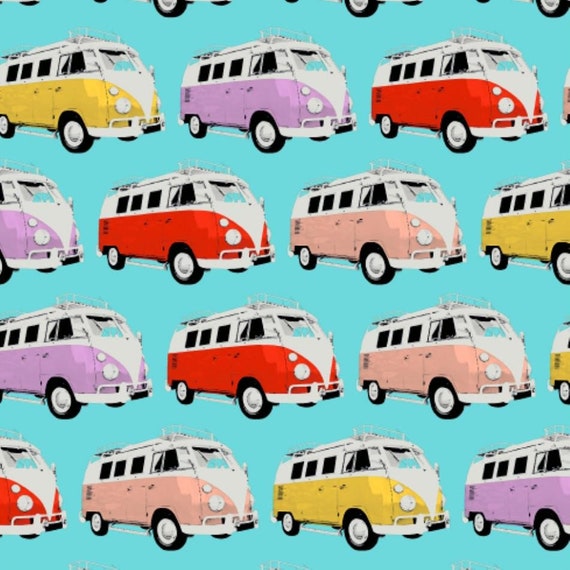 50cm Dekostoff 100% Baumwolle Bulli Bus Kleinbus Türkis