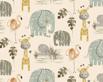 50cm Dekostoff 100% Baumwolle beige mit Zootieren: Elefant, Giraffe, Nilpferd, Flamingo