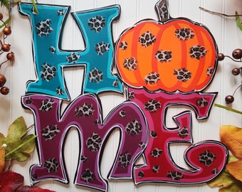 Leopard Print Pumpkin 'HOME' Door Hanger - Fall Decor