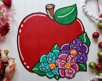 Apple Door Hanger with Polka Dot Flowers, Teacher Classroom Decor, Back to School Sign