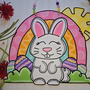 Happy Easter Bunny Door Hanger: Hand-Painted Spring Rainbow Decor