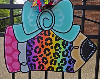 Personalized Hand Painted Pencil Door Hanger, Rainbow Leopard Print, Back to School Decoration