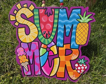 Hand Cut Summer Door Hanger: Painted Summertime Decor, Pineapple, Strawberry, Watermelon, Ice Cream Decor