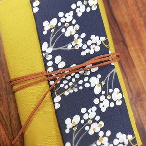 Adaptable book cover mustard cherry pattern, book cover with flap, adjustable book pouch, Christmas gift