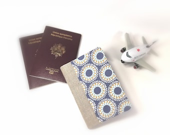 linen passport protector, simple passport case, customizable passport protector, personalized passport with blue rosette pattern