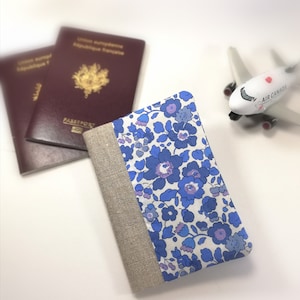 linen passport cover, simple passport cover, customizable passport cover, personalized passport with blue floral Liberty pattern