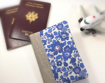 linen passport cover, simple passport cover, customizable passport cover, personalized passport with blue floral Liberty pattern
