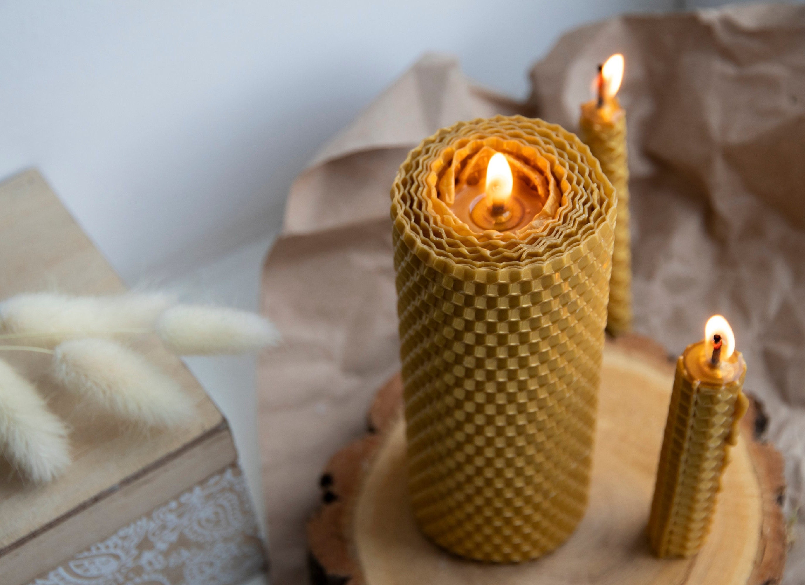 Honey Comb Beeswax Candle X2 Large and Small Beeswax Pillar Candle