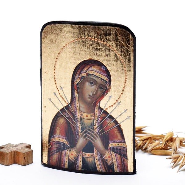 Traveling Icon "The Holy Virgin of Seven Arrows", Fine Art, Byzantine Icon Christian Orthodox Catholic Religious Icon