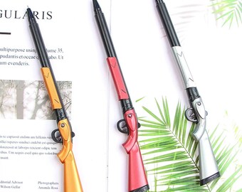 UK SOLD! Novelty Gun Shaped Pen Key Ring Rifle Golden School Stationery Gift