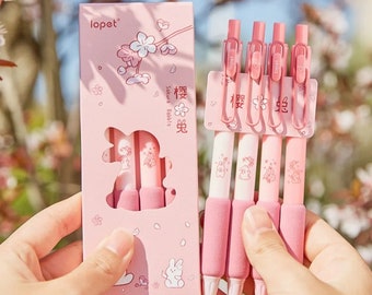 4pcs Sakura Rabbit Gel Pen, 0.5mm Black Ink Pen, Soft Holding Pink Pen, Writing Pen, Girl Gift, School, Office Supply, Student Gift Pen