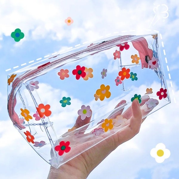 Transparent Large Capacity Simple Pencil Case, PVC Waterproof Cosmetic Bag, Fruit, Flower Pattern Zipper Bag, School, Office Pouch, Gift