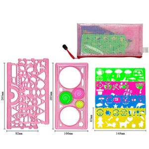 May include: A collection of pink plastic stencils and a mesh pouch. The stencils include various shapes, circles, and decorative designs. The largest stencil measures 20.5cm x 9.2cm. The pouch contains additional stencils. The smallest stencil measures 6.3cm x 14.8cm.