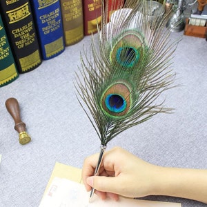Penna a sfera con piuma di pavone 1 pz + set da 5 ricariche, set di penne con piuma d'oca con inchiostro nero, regalo per feste, scuola, penna da ufficio, regalo di nozze