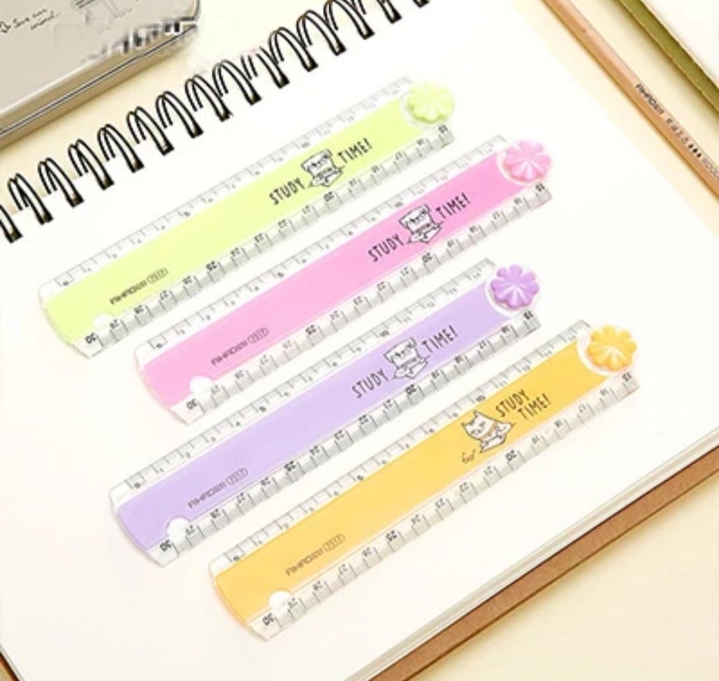 May include: Four plastic rulers in lime green, pink, lavender, and yellow, each featuring a small flower-shaped knob at one end. The rulers are printed with the text STUDY TIME! and a small cat illustration, with clear measurement markings.