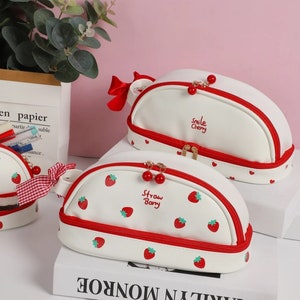 1pc Double Layer Pencil Case, Strawberry, Cherry Pouch, Cosmetic Bag, Stationery Storage Bag, Gift, Pen Pouch, Girls Gift, Party Favor