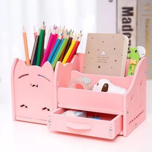 DIY Multi-Function 4 Grid Desktop Organizer, White, Pink Pen Holder, Office, Party Favors, Stationery Holder, White, Pink Animal Pen Holder