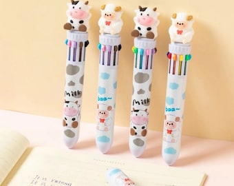 2pcs Cow Sheep Multi-Color Pen, 10 Color Ink Pen, Press Ballpoint Pen, Writing Pen, School, Office Supply, Student Pen Supply, Pen Gift