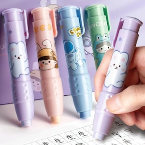 Press Cartoon Pencil Erasers, Replaceable Rubber Core, Cute Pen Shape Eraser, School, Office Supply, Gift, Student Supplies, Animal Eraser