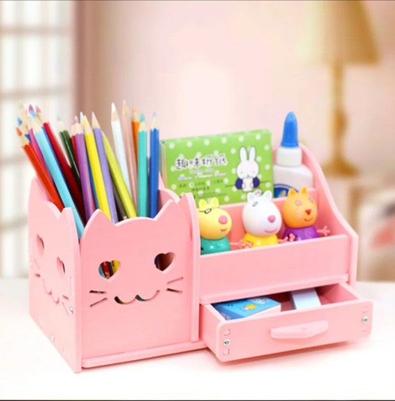 DIY Multi Function 4 Grid Desktop Organizer Cat Pen Holder Office Party Favors Stationery Holder White Pink Animal Pen Holder