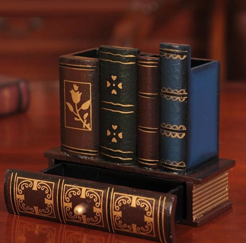 Retro Wooden Pen Holder Ancient Book Style Desktop Organizer Etsy