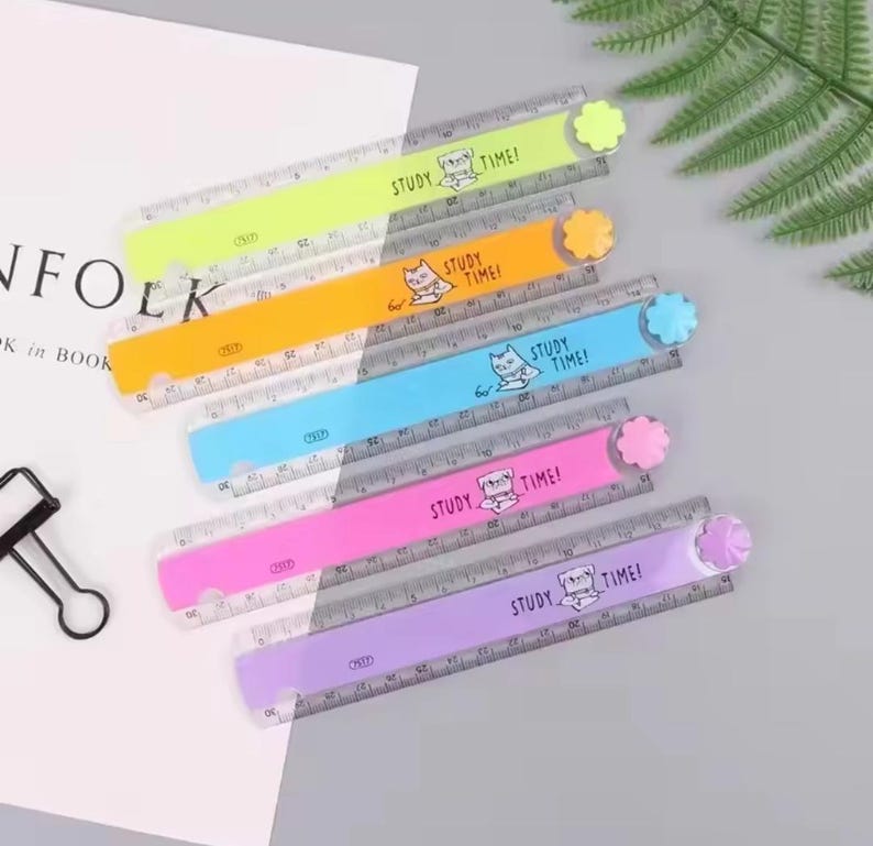 May include: A set of five plastic rulers in neon green, orange, blue, pink, and purple. Each ruler features a cartoon cat illustration, the text "STUDY TIME!", and a flower-shaped knob at one end. The rulers have clear measurement markings.