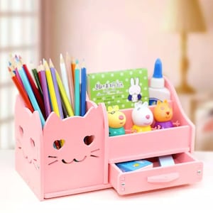 Organizer da tavolo multifunzione fai-da-te a 4 griglie, portapenne per gatti, ufficio, bomboniere, portacancelleria, portapenne per animali bianco e rosa