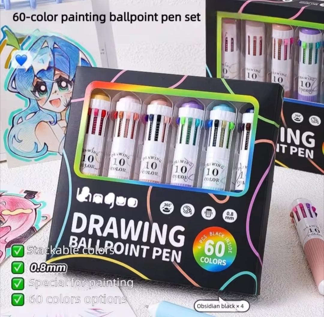 Set van 6 gekleurde pennen - 60 briljante kleuren, 10-in-1 balpennen