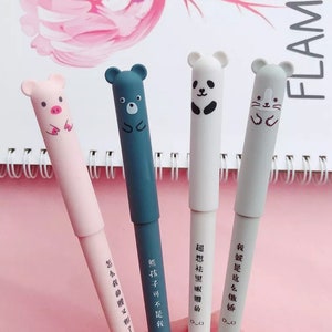 4Pcs Set Erasable Pen, Cute Bear, Cat, Mouse, Pig Pen, Black, Blue Ink Pen, 0.5mm Writing Pen, Cartoon Animal Pen, Student Gift