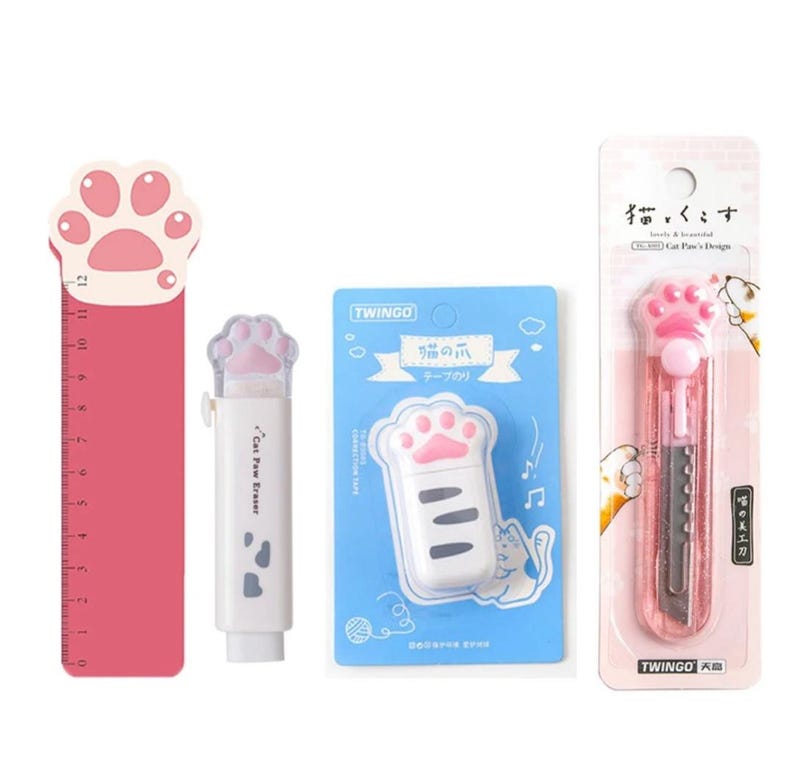 4pcs Set Cat Paw Stationery Set, Eraser, Utility Knife, Correction Tape