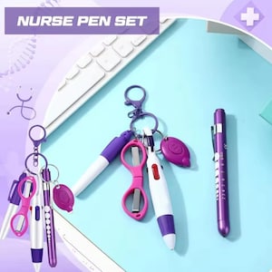 May include: A nurse pen set with medical-themed pens, small scissors, and a small light. The pens are white and purple, with a small pink pair of scissors. The set includes a keychain and the text "NURSE PEN SET".