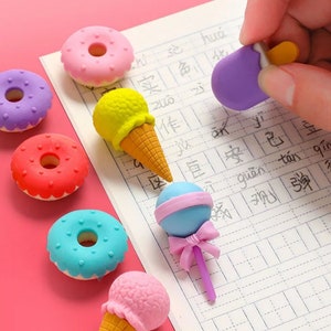 4pcs Set Ice cream, Doughnut Desert Erasers, Colorful, sweet lollipop pencil erasers, cute detachable rubber eraser, student gift eraser