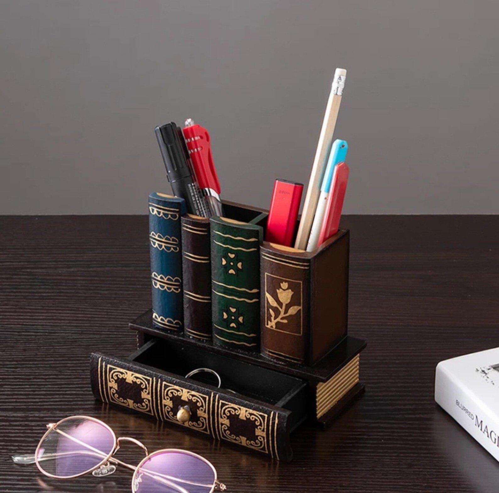 Retro Wooden Pen Holder Ancient Book Style Desktop Organizer Etsy