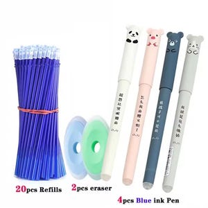 26stk Set Panda Gelschreiber, radierbarer Gelstift Set, 0,35 mm Stift, 4 Stift + 20 Stück Ersatzmienen + 2 Radiergummi in einem Set, Schule, Bürostifte