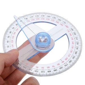 May include: A clear plastic protractor with a blue center dial and measurement markings. The protractor is circular with a rotating arm and is held by a hand. The markings include degree measurements from 0 to 350.