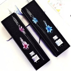 Flower pattern dip pen, glass pen set, dipping pen, gift supply, transparent, crystal glass gift pen set, glass pen, pen with ink