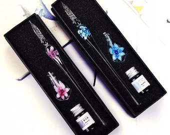 Flower pattern dip pen, glass pen set, dipping pen, gift supply, transparent, crystal glass gift pen set, glass pen, pen with ink