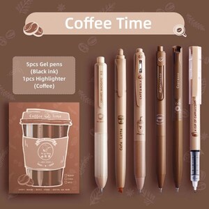 Ensemble de 6 stylos gel surligneur l'heure du café, stylo à bille, marqueur, stylo à encre noire, école, fournitures de bureau