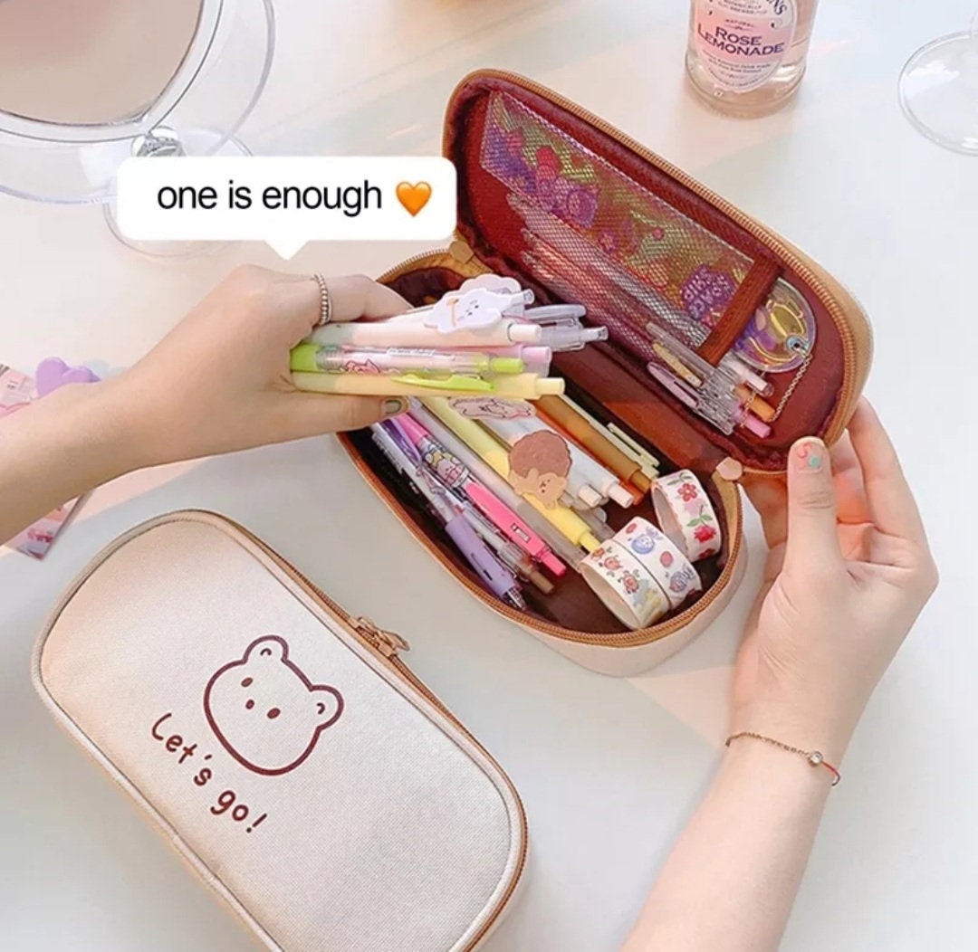 Kawaii Large Pencil Case Stationery Storage, Bags Canvas, Pencil Bag, Cute  Makeup Bag, School Supplies for Girl Kids Gift W/ Badge 
