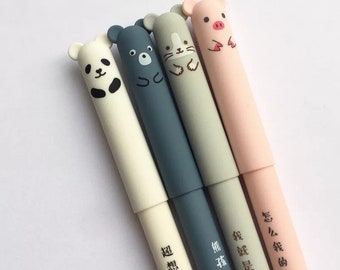 4 Penne Gel Cancellabili Termiche Con Animali, Inchiostro Colorato, Punta 0,7 Mm