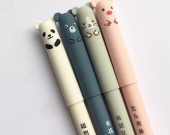 4 Penne Gel Cancellabili Termiche Con Animali, Inchiostro Colorato, Punta 0,7 Mm