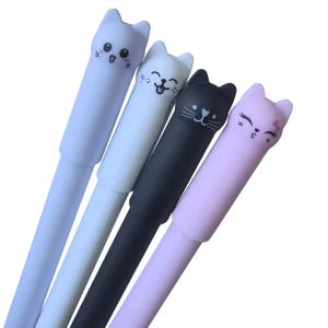 4 Stylos effaçables pour chat, Noir, Stylo à encre bleue, Fourniture stylo, Bureau, Fourniture scolaire, Stylo chat, Stylo gel