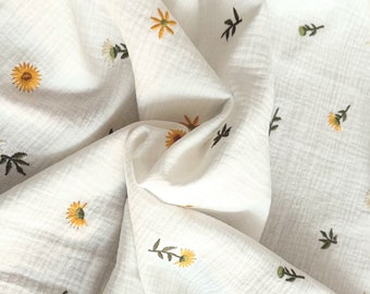 from 50 cm Sunflower white embroidered muslin fabric - Double Gauze crinkle muslin