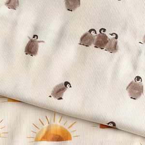 Penguins Rib Jersey Fabric - Watercolor Penguin half yard