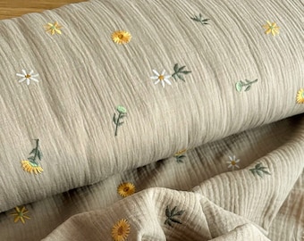 from 50 cm Sunflower sand embroidered muslin fabric - Double Gauze crinkle muslin