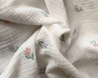 Unique pieces Tulips embroidered muslin fabric cotton - double gauze crinkle muslin